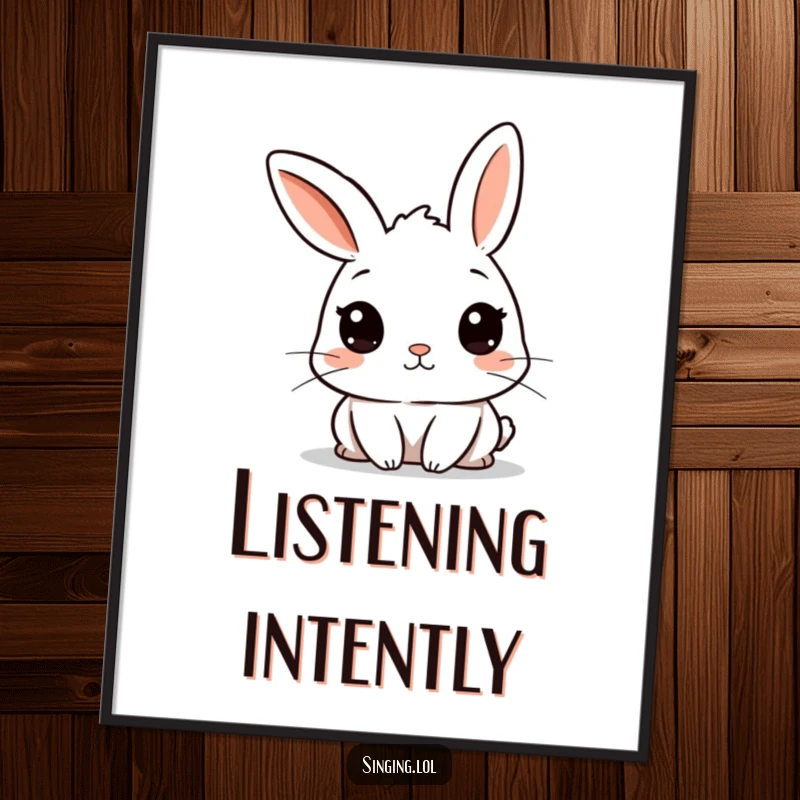 Funny poster of a curious rabbit character with twitching ears, intently listening, perfect for adding intrigue.