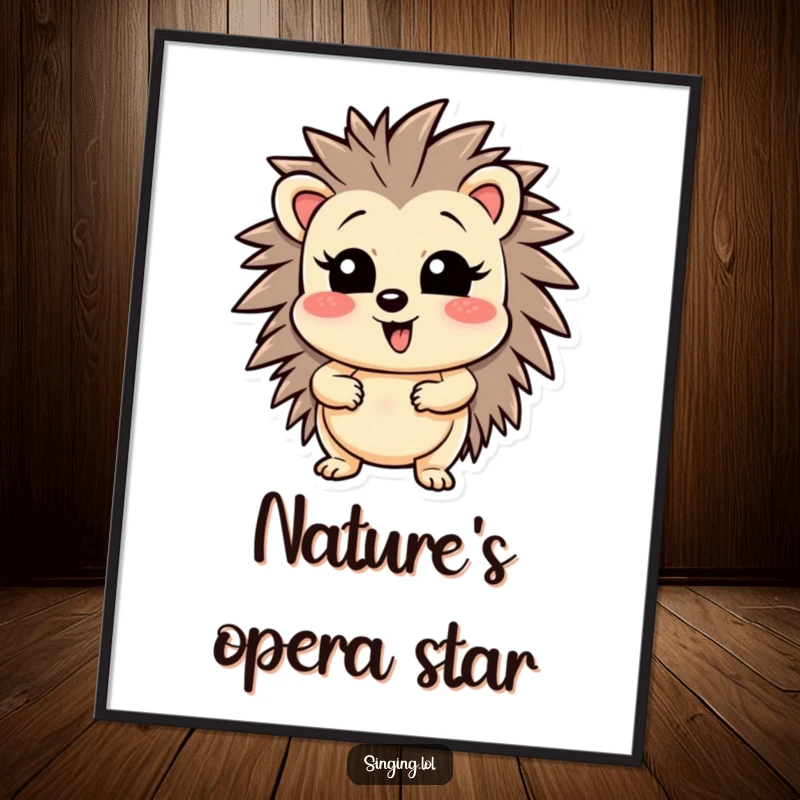 Funny wobbly hedgehog character passionately hitting a high musical note, depicted on a vibrant poster for wall decoration.