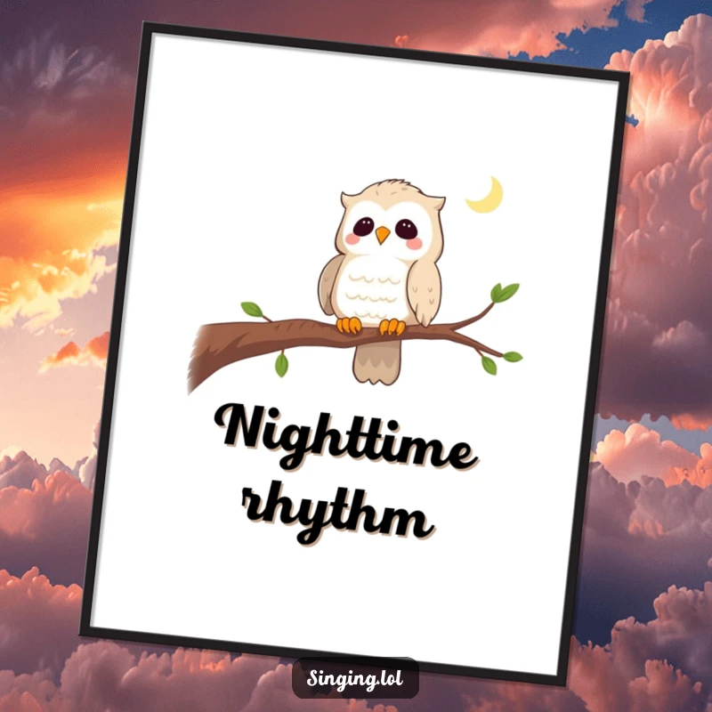 Funny poster art of a curious owl singing a lullaby on a branch, creating a soothing and wise display.