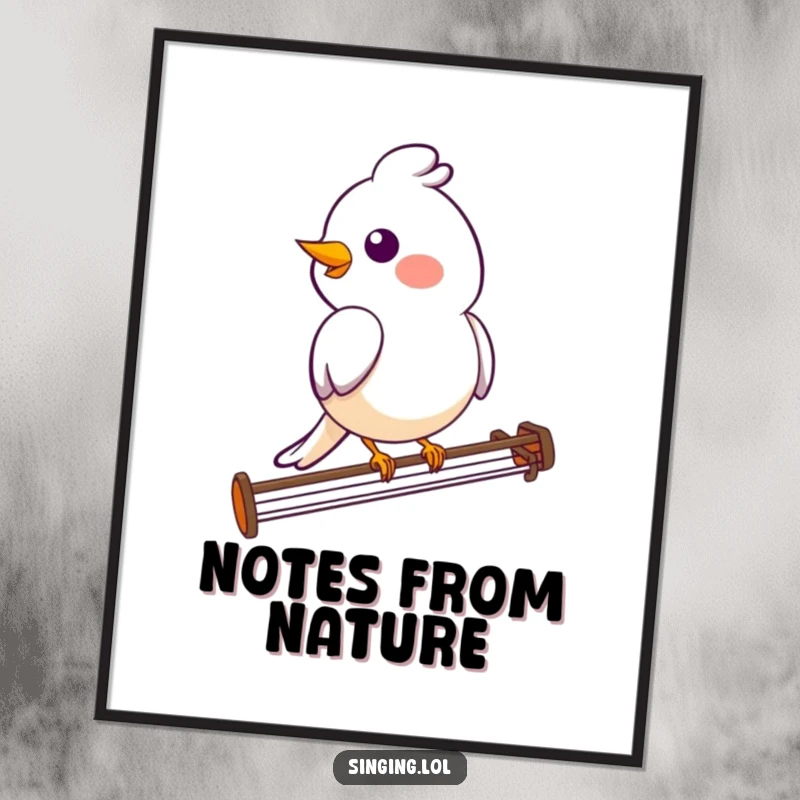 Funny bird poster showcasing a smiling bird character perched on a musical staff, exuding musical joy and serenity.