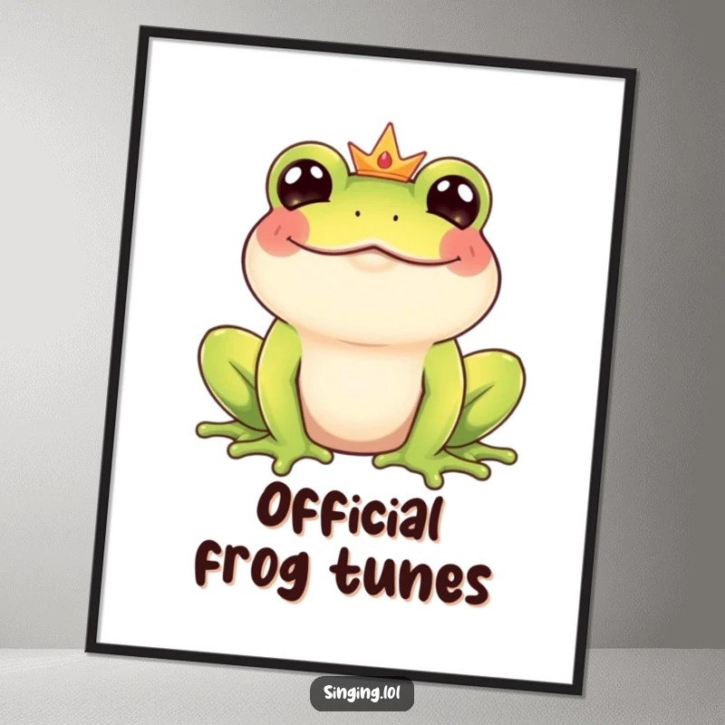 Funny Frog Prince poster capturing a giggling royal frog character in the act of croaking a delightfully happy and tuneful song.