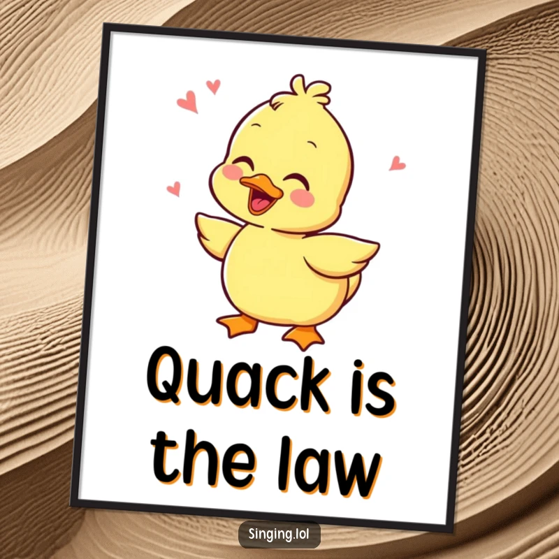 Funny poster illustration of a giggling duckling character quacking joyfully in rhythm, adding a splash of humorous cheer to any wall.