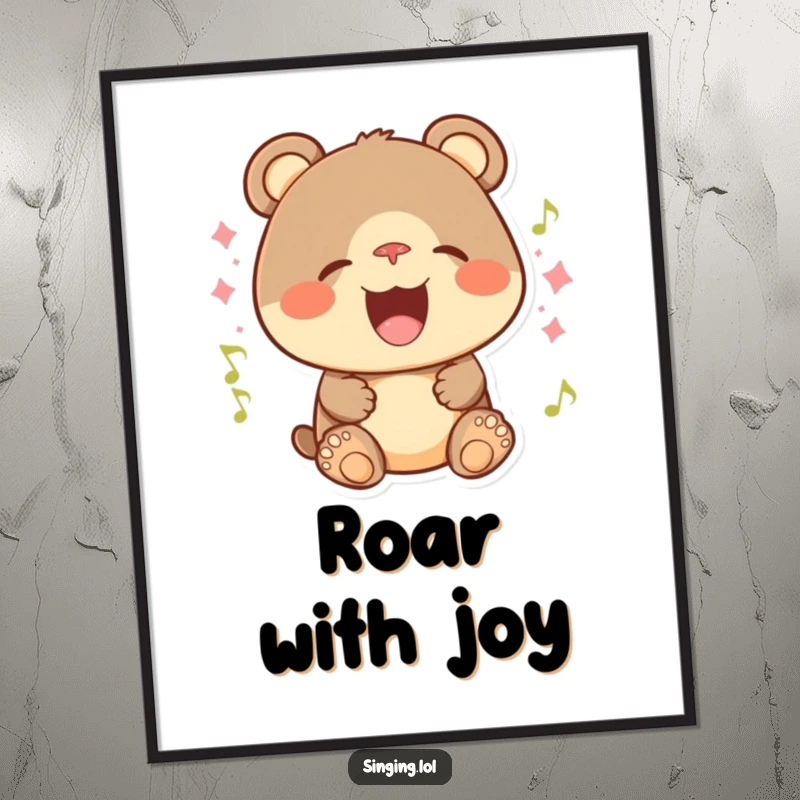 Funny poster of a playful bear cub with a wide grin, singing with immense energy and cheerful abandon.