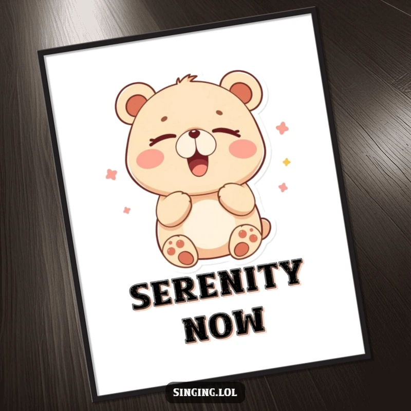 Funny poster showcasing a happy bear humming contentedly with closed eyes, bringing a tranquil atmosphere.