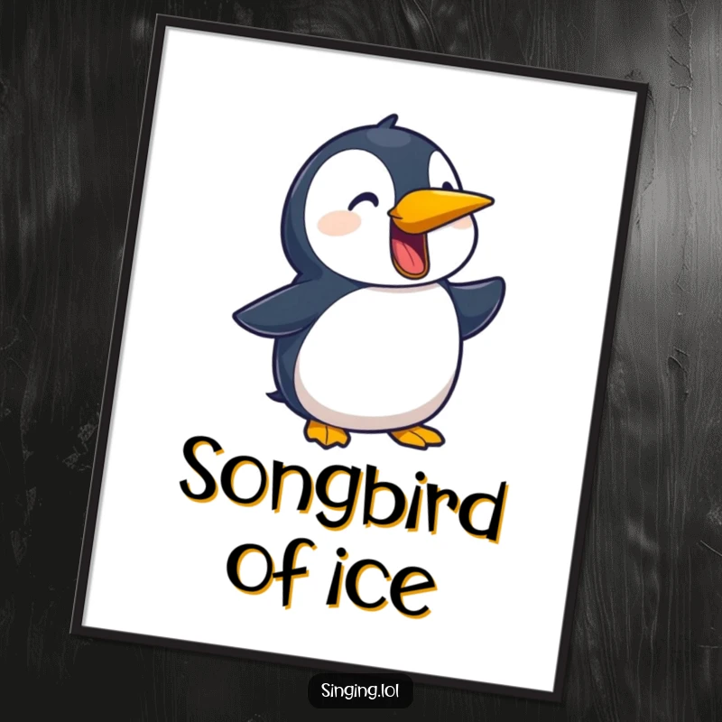 Funny poster of a playful penguin character passionately squawking a ballad, creating a vibrant and humorous piece of art.