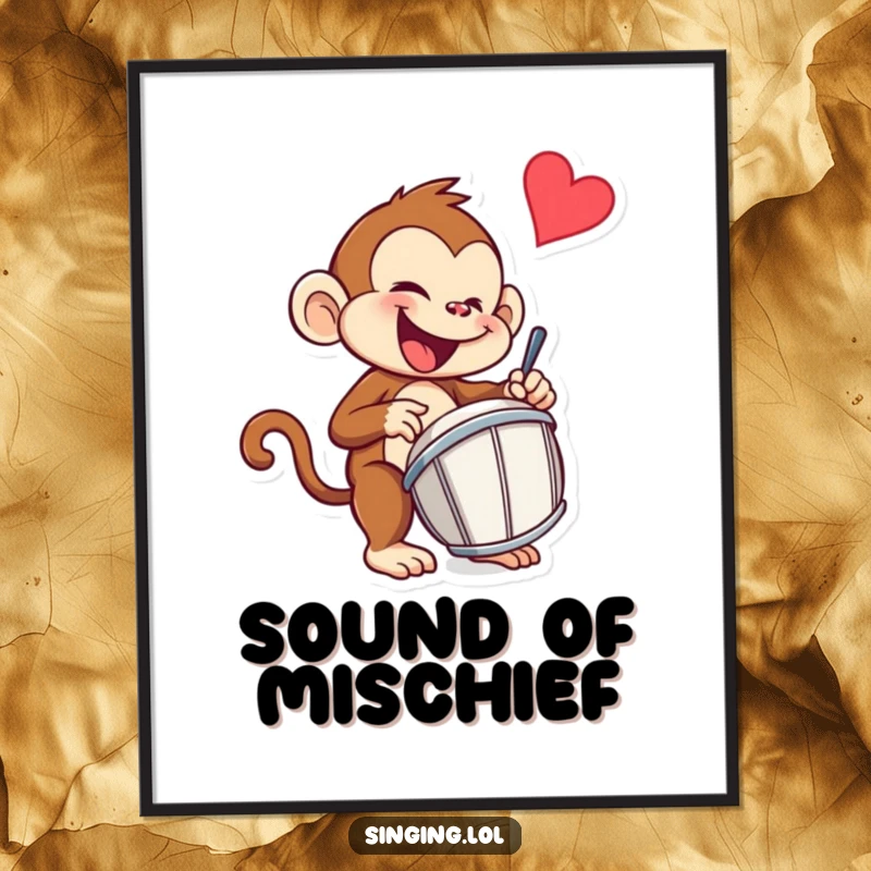 Funny monkey poster showcasing a mischievous monkey character energetically drumming, radiating wild rhythm and fun.