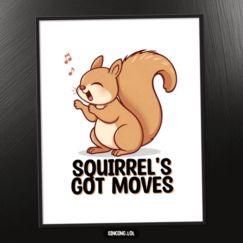 Funny poster illustrating a joyful squirrel singing with its bushy tail swinging rhythmically, adding energetic art.