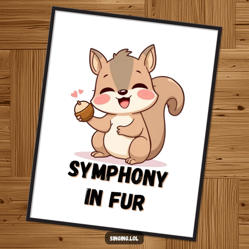 Funny squirrel poster depicting a happy rodent in mid-song, clutching a nut, bringing cheerful vibes to any room.