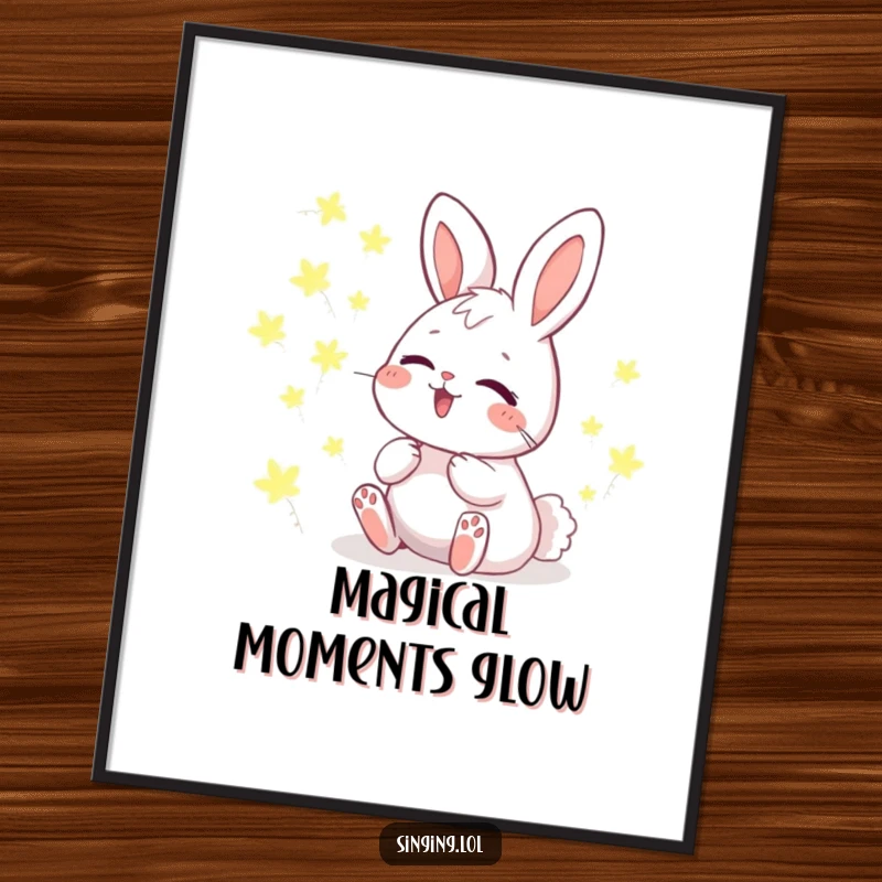 Funny Poster featuring a giggling bunny character harmonizing with a chorus of glowing fireflies, creating a whimsical and magical atmosphere.