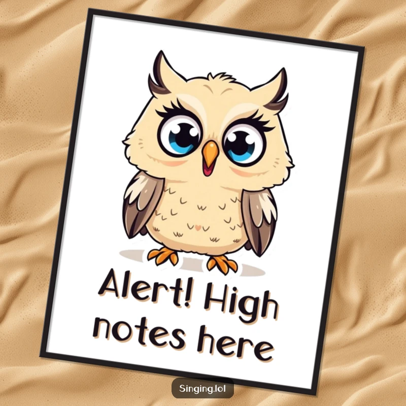Funny Poster featuring a surprised owl character hooting a high note with wide eyes, creating a humorous and eye-catching display.