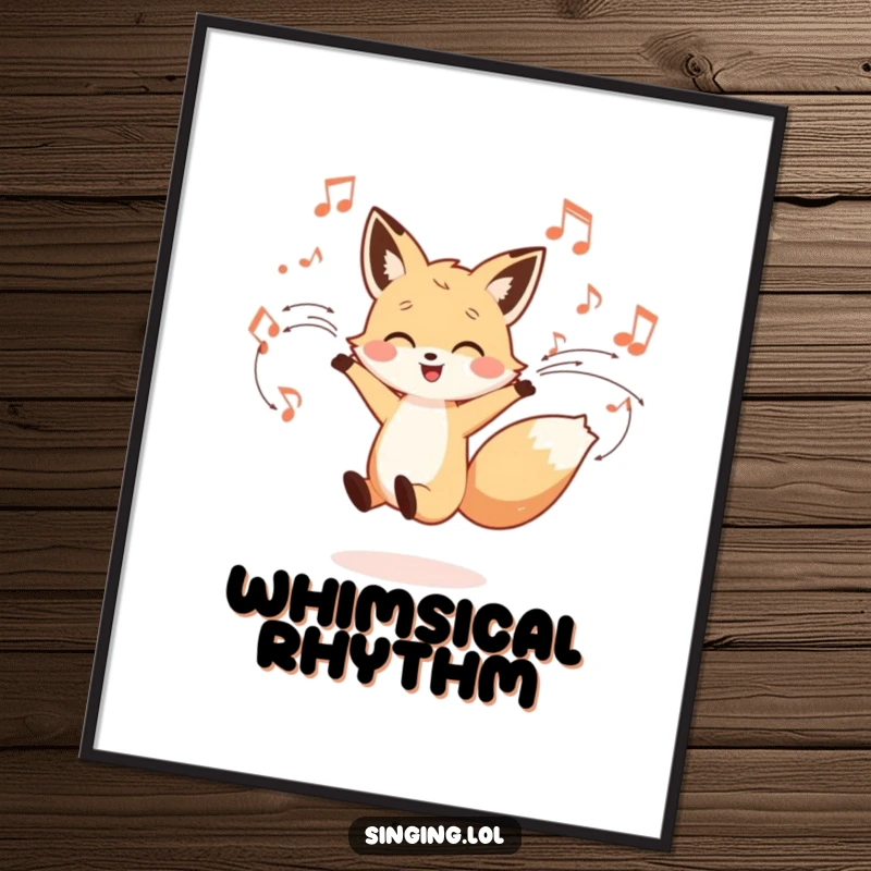 Funny poster of a little fox character dancing joyfully with musical notes swirling, creating a vibrant and humorous visual.