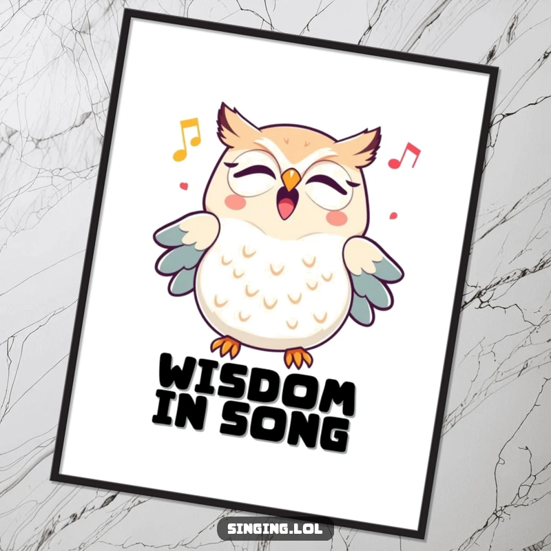 Funny triumphant owl character hooting a cheerful melody, depicted as a vibrant poster for inspiring wall decor.
