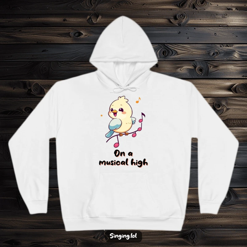 Funny Bird Musician Hoodie: A cheerful bird sits on a musical note, chirping merrily, a cozy and musical design.