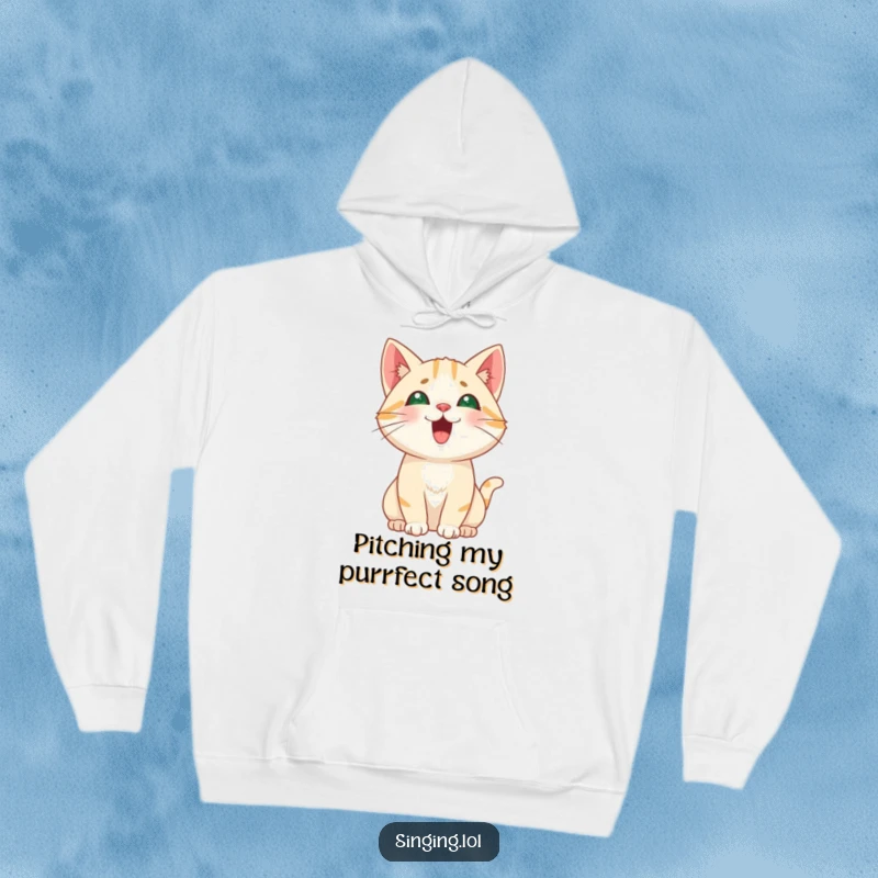 Funny Cat Meowing Hoodie, a curious cat character singing a high, playful note, offering warmth and humorous style.