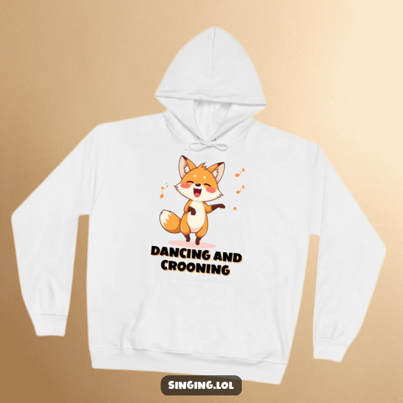 Funny fox hoodie character dancing playfully while singing a silly song, radiating joy and musical fun.