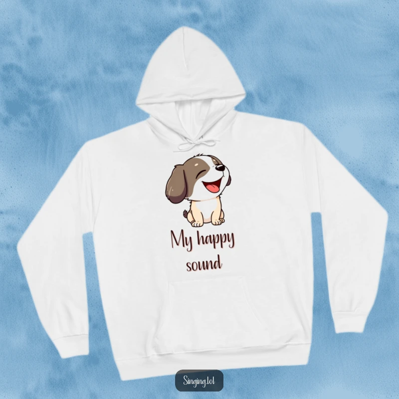 Funny hoodie depicting a joyful dog character howling with its head tilted back, ideal for dog enthusiasts.