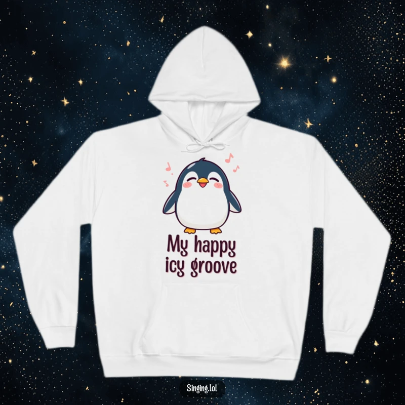 Funny Penguin Singing Hoodie, a delighted penguin waddling and singing with eyes closed, offering cozy comfort and humor.