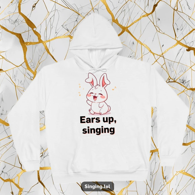 Funny rabbit hoodie character with ears flopping while singing joyfully, radiating comfort and musical delight.