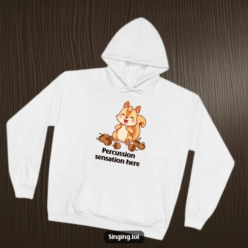 Funny squirrel drummer hoodie, a happy animal banging on acorns with drumsticks, cozy and full of musical energy.