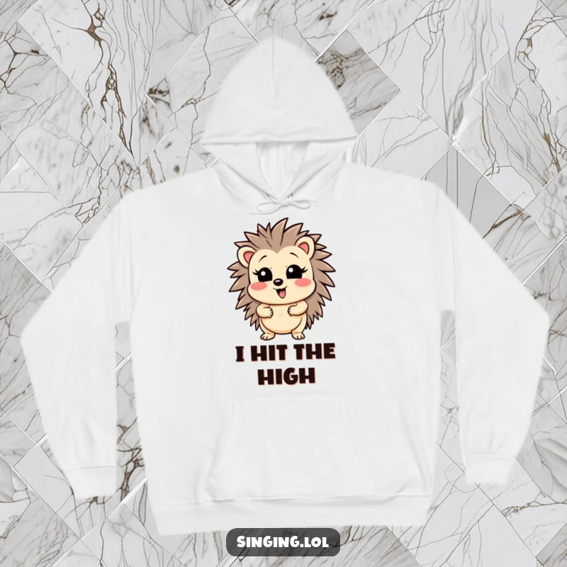Funny wobbly hedgehog character singing its heart out with a high note, featured on a warm and cozy hoodie.