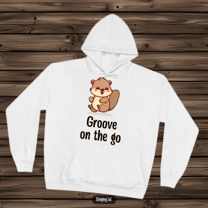 Funny hoodie showcasing an energetic beaver character bouncing and rhythmically tapping its foot, perfect for cozy, upbeat vibes.