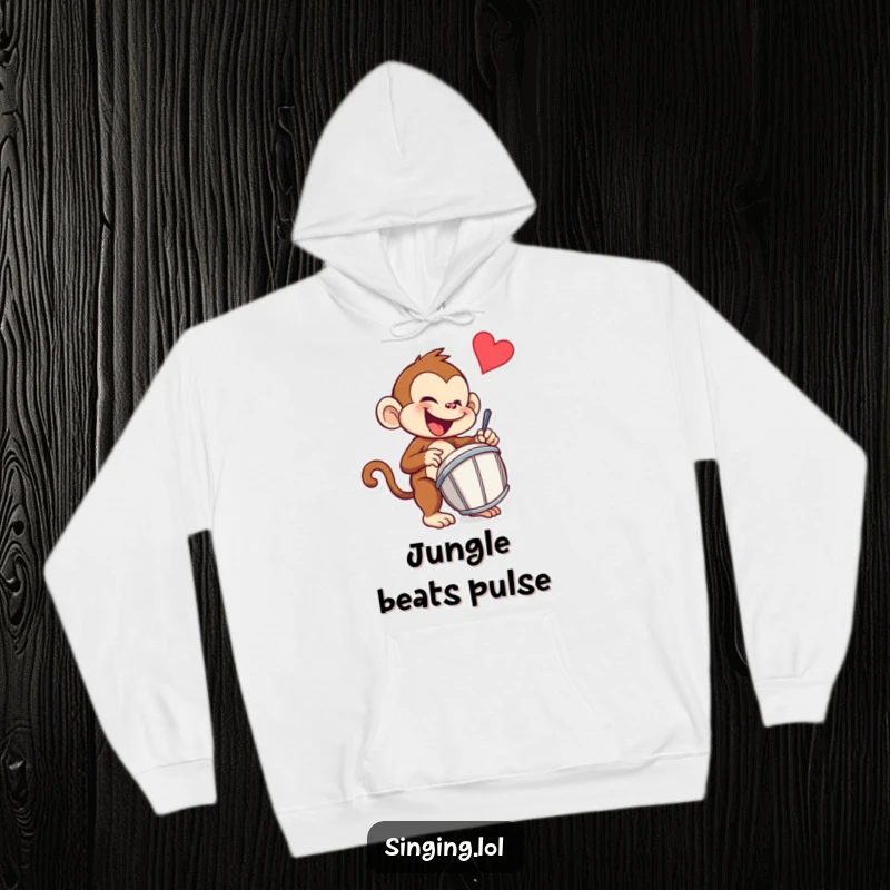 Funny monkey hoodie featuring a mischievous monkey character enthusiastically drumming, ready for cozy beats.