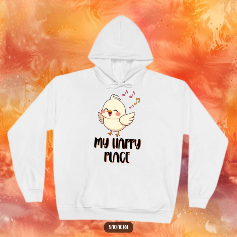 Funny Hoodie: A happy bird character sings with musical notes surrounding it, a cozy and cheerful garment.