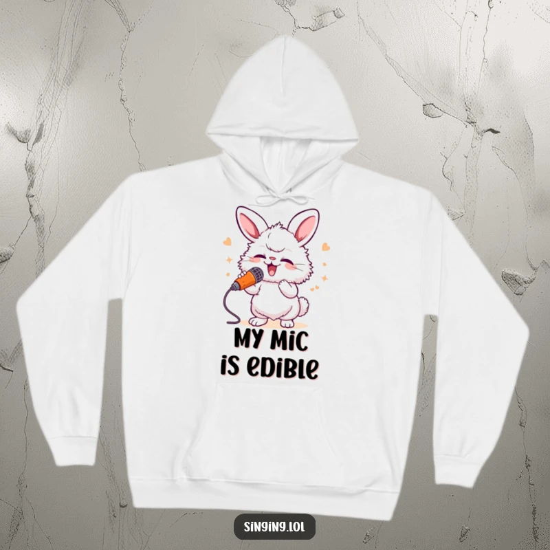 Funny Bunny Singer Hoodie: A fluffy bunny sings into a carrot microphone, a warm and humorous design for music fans.