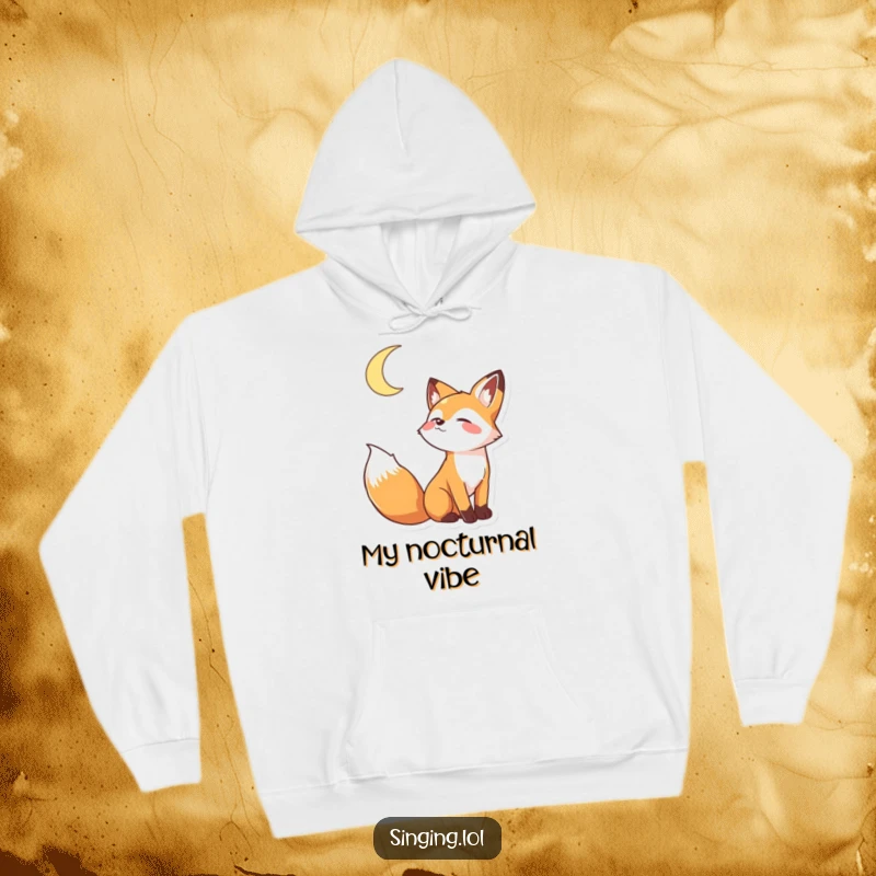 Funny hoodie depicting a playful fox character howling joyfully at a crescent moon, ideal for cozy nights.