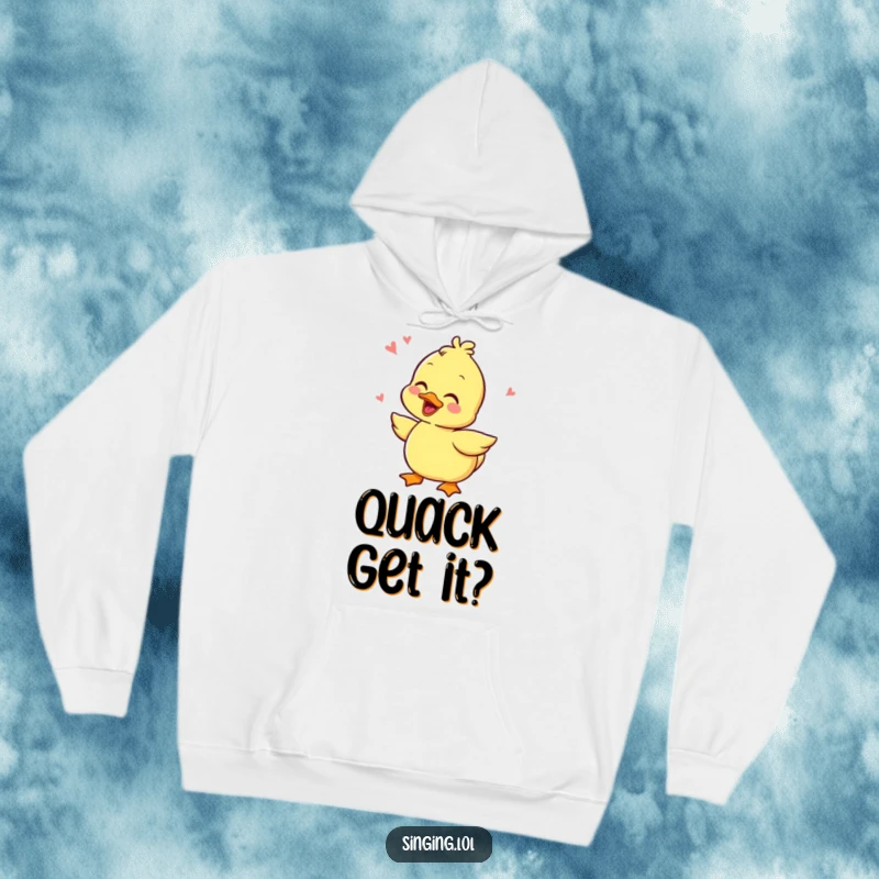 Funny hoodie showcasing a very happy duckling character, quacking rhythmically with a contagious giggle, designed for ultimate comfort and humor.