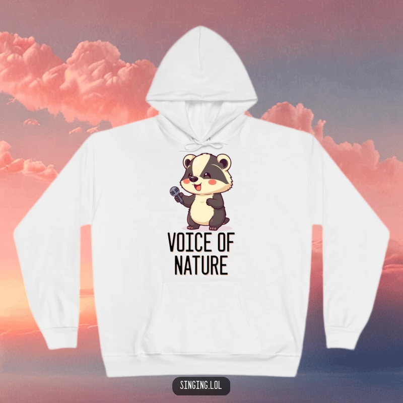 Funny Hoodie: A giggling badger holds a microphone aloft, ready for stand-up comedy, a cozy and humorous garment.