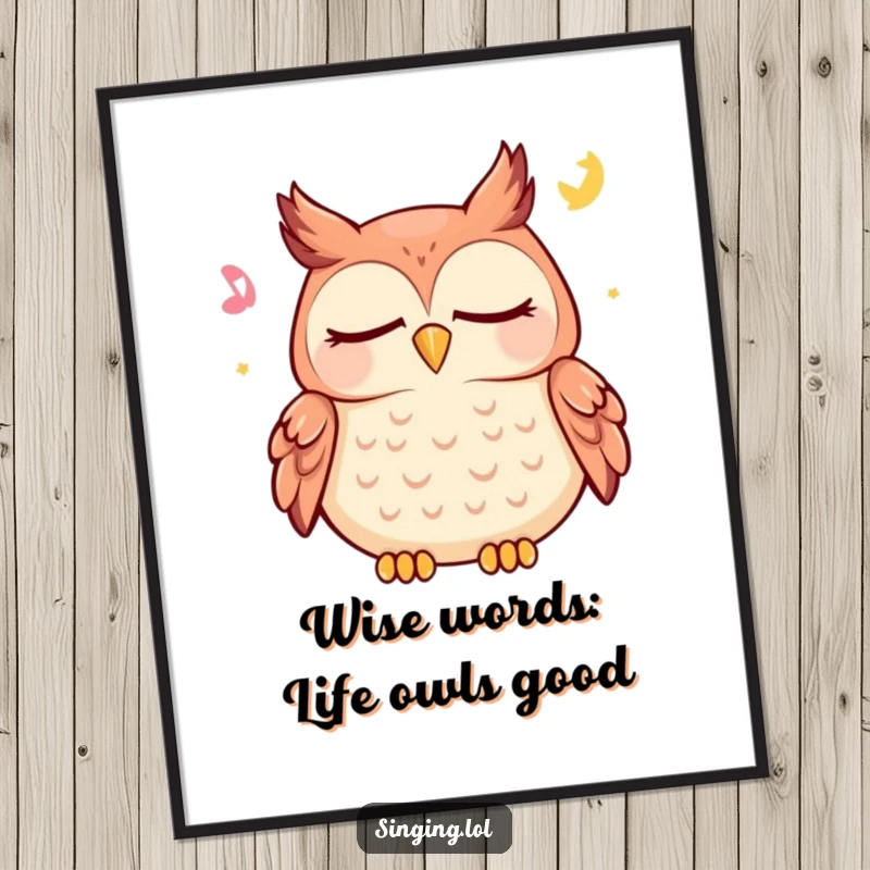 Happy Free Printable Owl Wall Art of a character hooting a lullaby with closed eyes, creating a tranquil and serene ambiance.