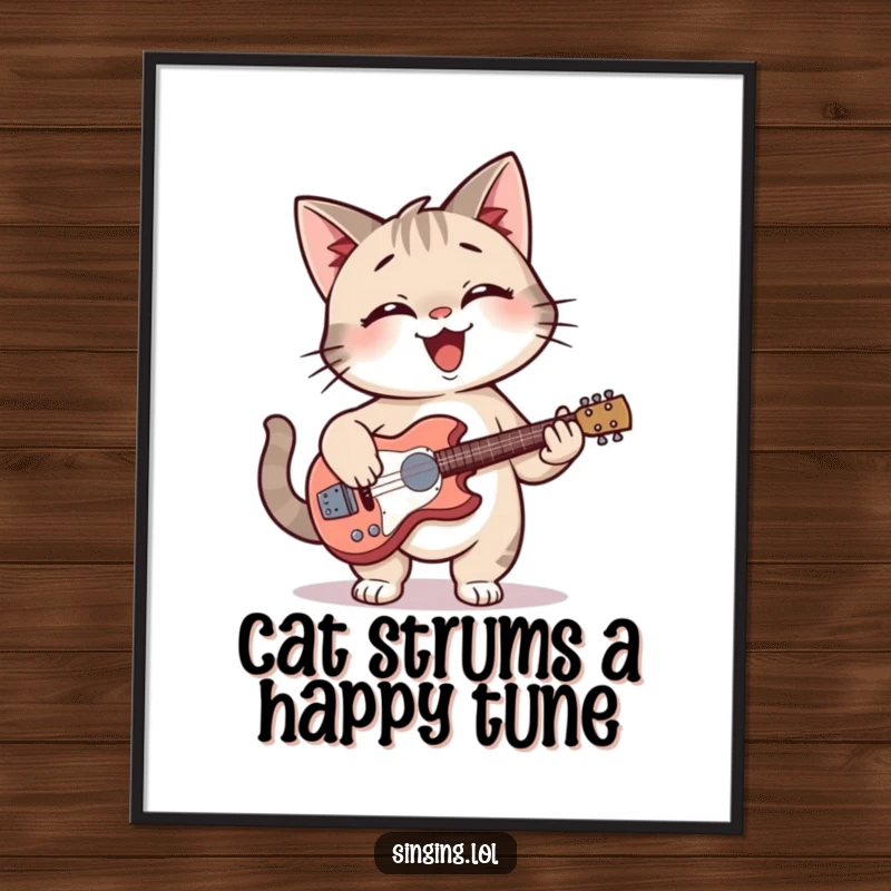Funny Free Printable Wall Art: A giggling cat smiles broadly while strumming a tiny guitar, bringing playful music vibes.