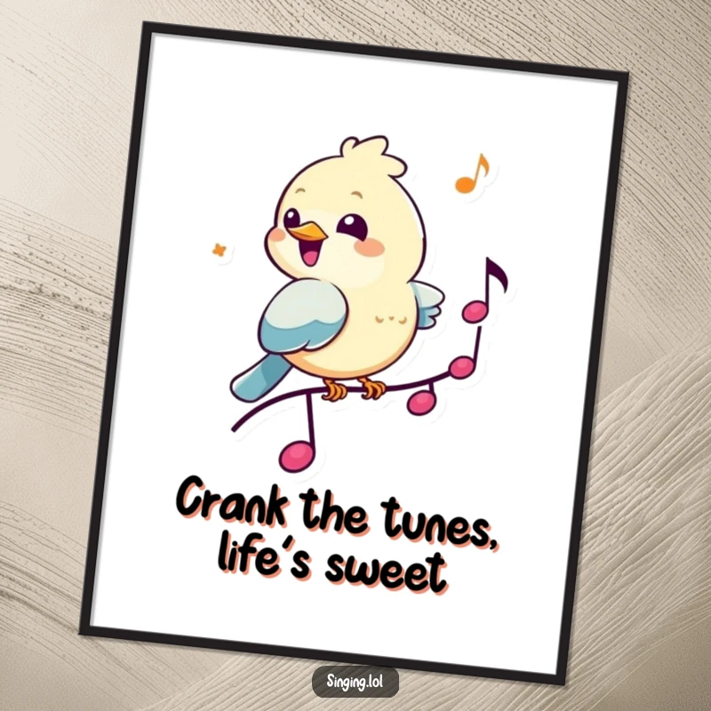 Funny free printable wall art depicting a cheerful bird character perched on a musical note, chirping happily with a joyful expression.