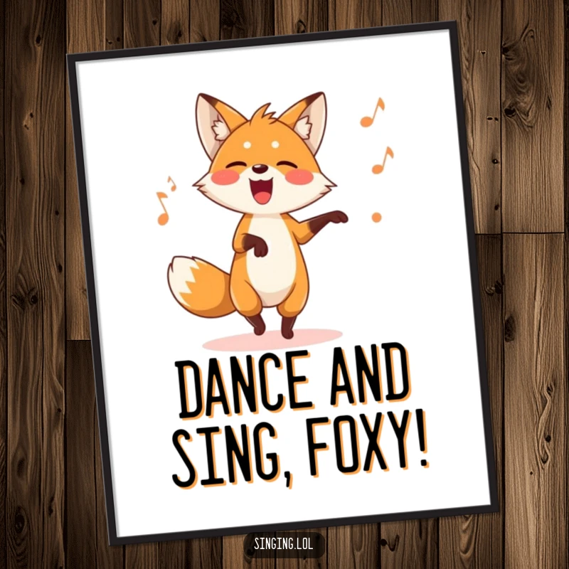 Funny Free Printable Wall Art of a playful fox dancing exuberantly while singing a silly song, radiating pure fun.