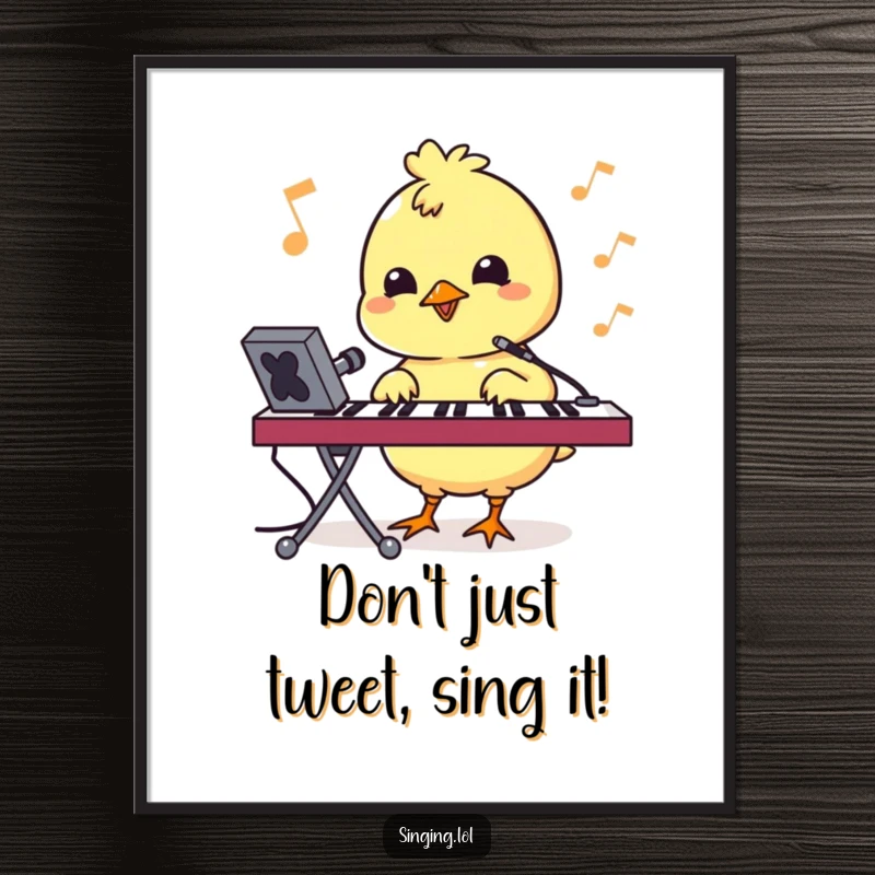 Funny Free Printable Wall Art: A bouncy chick character energetically pecking at a keyboard like a rockstar singer.