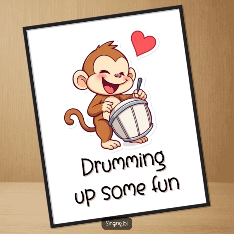 Funny Free Printable Monkey Drummer Wall Art: A mischievous monkey character enthusiastically tapping a drum, creating a vibrant and fun atmosphere.