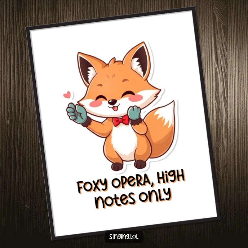 Funny Free Printable Wall Art: Playful fox in opera gloves hitting a high note, a dramatic and humorous art piece.