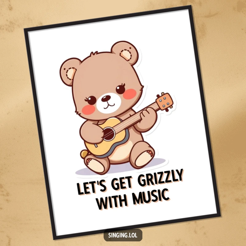 Funny Free Printable Wall Art: A playful bear cub character strumming a miniature guitar, creating a cool musical atmosphere.