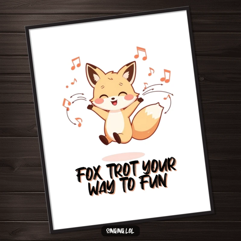 Funny Free Printable Wall Art: A little fox character joyfully dancing with vibrant musical notes swirling all around.