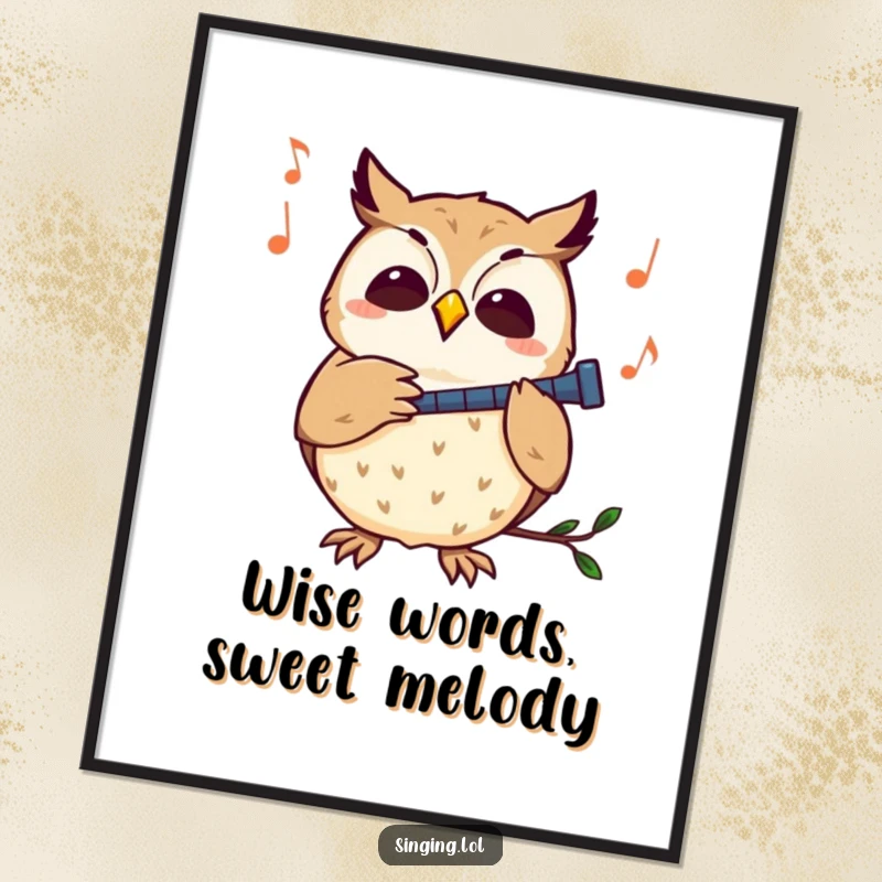 Funny Free Printable Owl Melody Wall Art: A curious owl character engrossed in hooting along to a cheerful melody, adding whimsy.