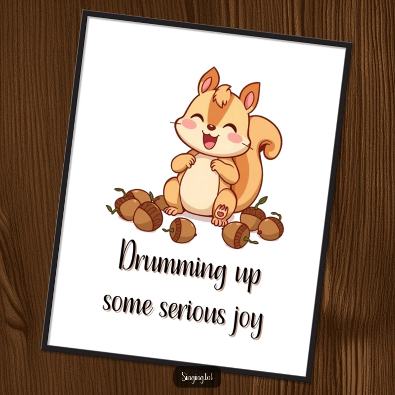 Funny Free Printable wall art of a happy squirrel enthusiastically drumming on acorns, creating a whimsical, rhythmic masterpiece.