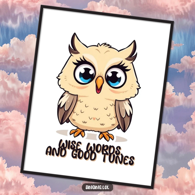 Free printable wall art: a surprised owl character hoots a high note with wide, expressive eyes.