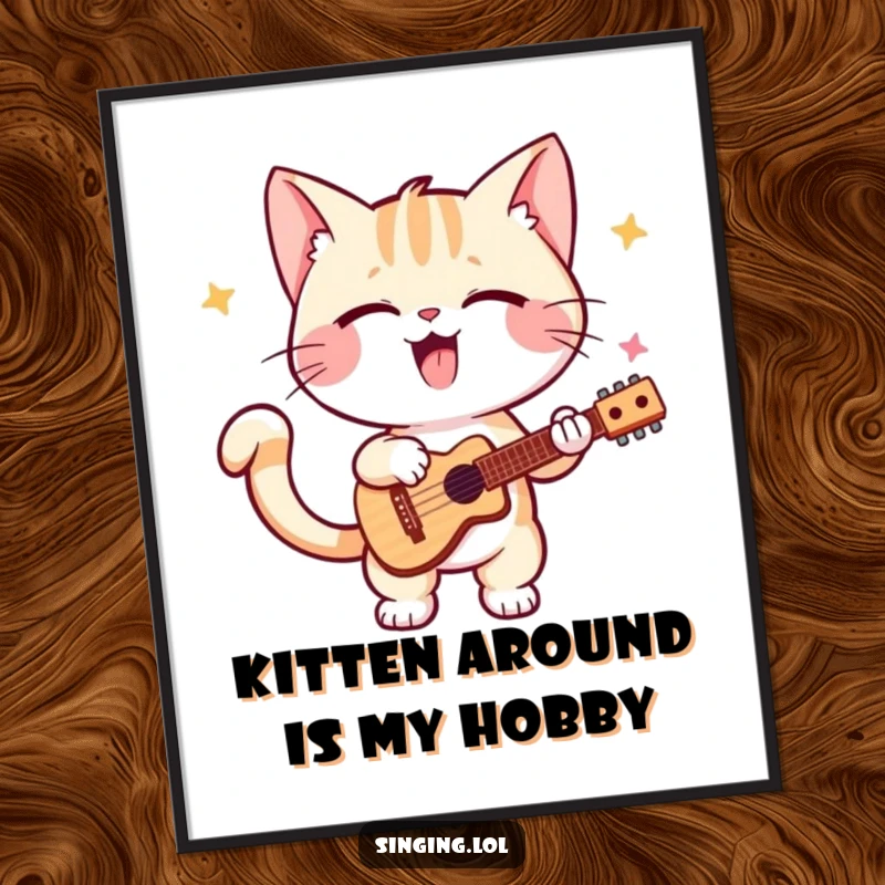 Funny Free Printable wall art of a joyful kitten performing an excited solo dance, tail wagging with pure delight.
