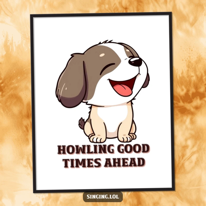 Funny Free Printable Wall Art: A charismatic dog character joyfully howls at the sky, head tilted back.