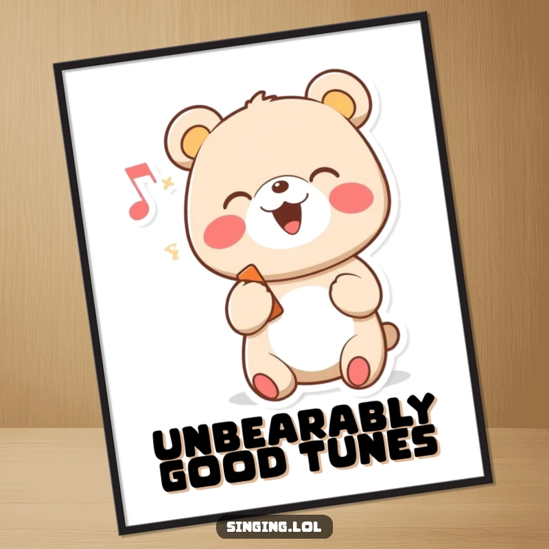 Funny Free Printable Wall Art: A cute cartoon bear character happily singing with a large, vibrant musical note.