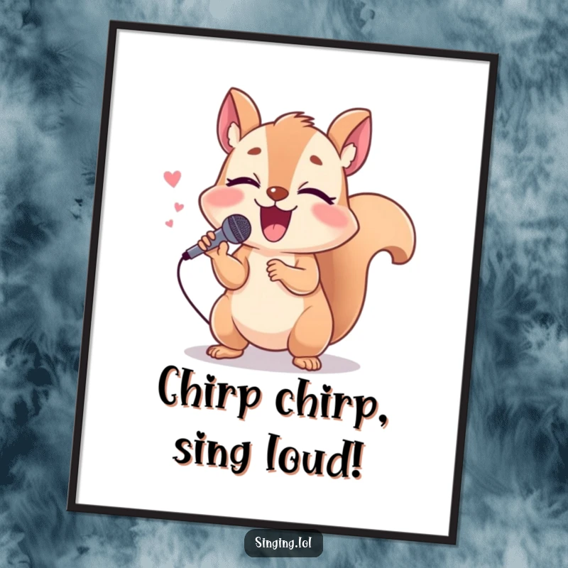 Funny Free Printable Wall Art of a giggling squirrel holding a tiny microphone, singing loudly with pure, unadulterated mirth.