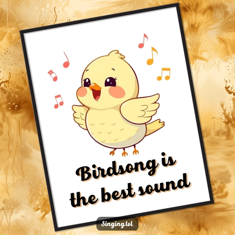 Funny free printable wall art: A happy little bird is loudly chirping, with musical notes floating all around it.