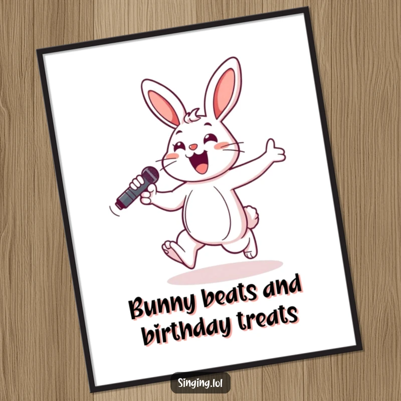 Funny Free Printable Wall Art: A cheerful bunny hops energetically with a microphone, embodying a fun-loving rockstar for your decor.