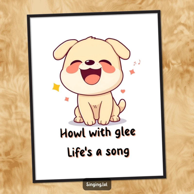 Funny Free Printable Wall Art: A giggling dog character howls a silly song, a humorous and energetic decor piece.